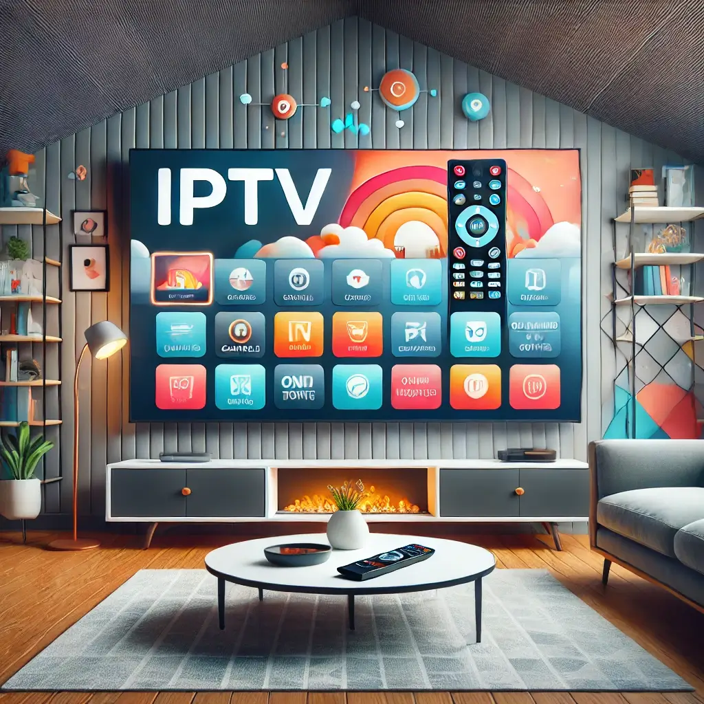 A modern living room with a sleek smart TV displaying an IPTV UK service interface, showcasing channels and on-demand content, with a remote control and a smartphone on the coffee table